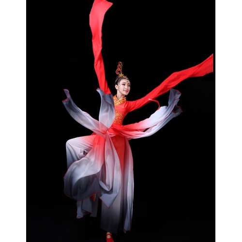 Women Red colored Water sleeves Chinese folk dance costume jinghong throwing sleeve ancient traditional chinese umbrella fairy classical dance dresses for woman